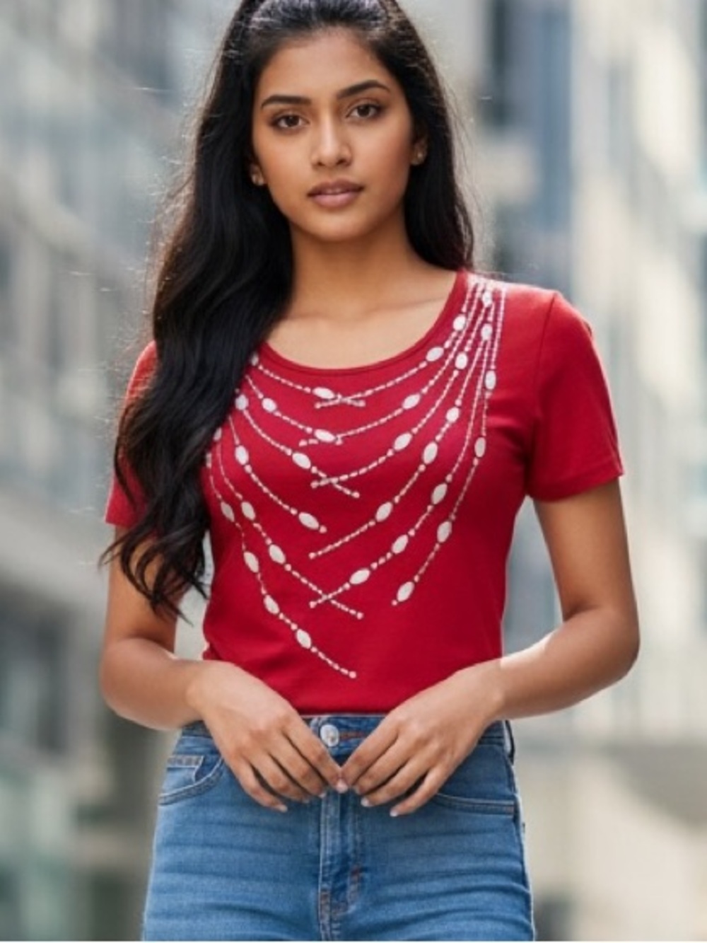 NWOT Bob Mackie Red & White Top Cool Embellished